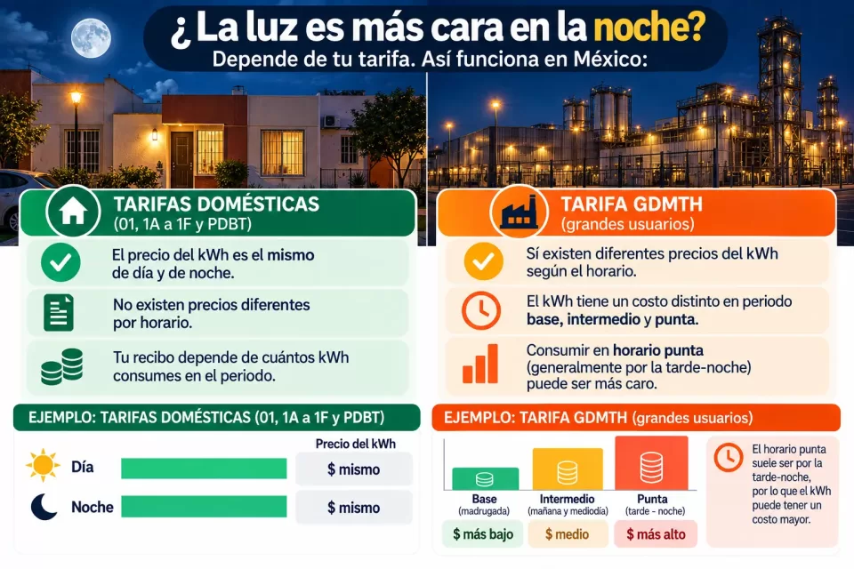 Infografía sobre el precio de la luz de noche en México: tarifas domésticas CFE sin cobro por horario y tarifa GDMTH con periodos base, intermedio y punta.